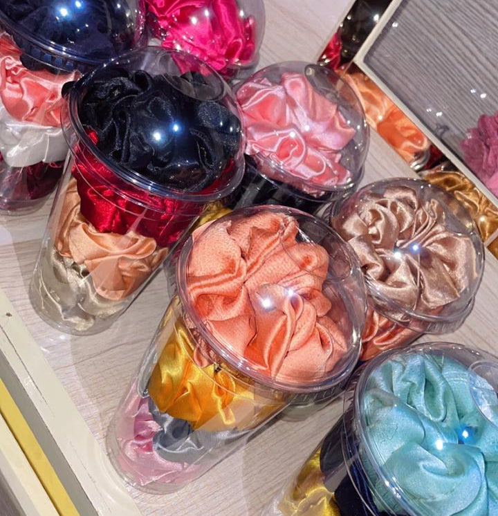Pack of 2 4Pc Colorful Satin Scrunchie Set In Clear Dome Lid Cups With Girly Goodies Label (Random Colour)