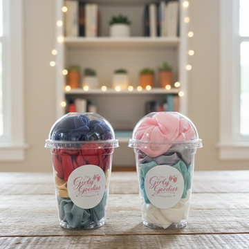 Pack of 2 4Pc Colorful Satin Scrunchie Set In Clear Dome Lid Cups With Girly Goodies Label (Random Colour)