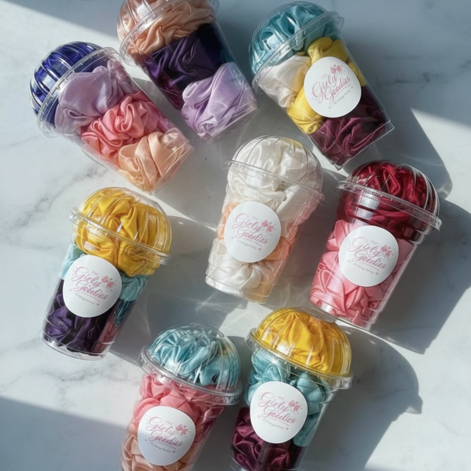 Pack of 2 4Pc Colorful Satin Scrunchie Set In Clear Dome Lid Cups With Girly Goodies Label (Random Colour)