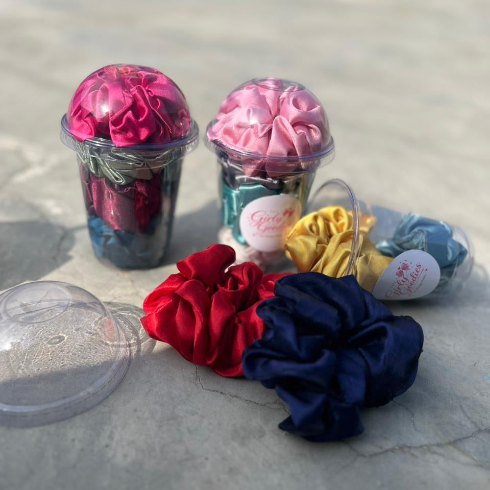 Pack of 2 4Pc Colorful Satin Scrunchie Set In Clear Dome Lid Cups With Girly Goodies Label (Random Colour)