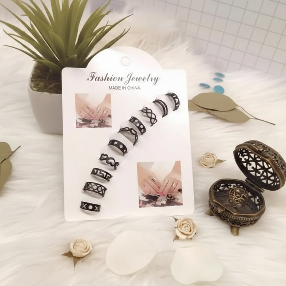 Pack of 2 10 Pcs Adjustable Alloy Rings Set for Women & Girls – Stackable Fashion Jewelry Collection