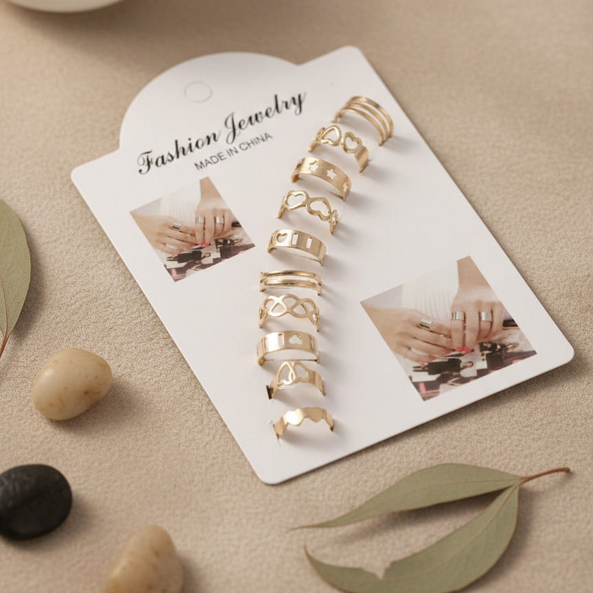 Pack of 2 10 Pcs Adjustable Alloy Rings Set for Women & Girls – Stackable Fashion Jewelry Collection