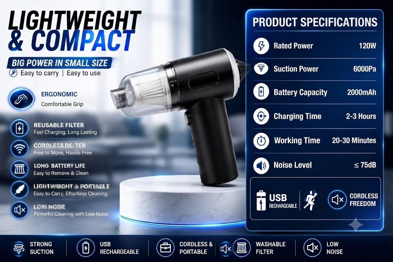 3-in-1 Portable Vacuum Cleaner, Duster & Air Blower | Wireless Handheld Cleaning for Car & Home