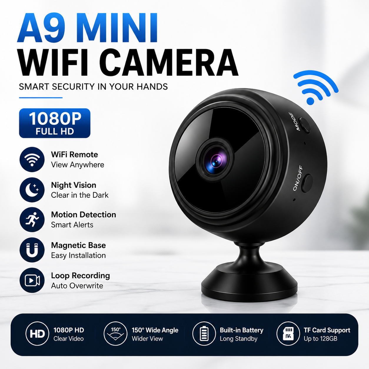 A9 1080P HD Magnetic WiFi Mini Camera | Wireless Security Camera with Night Vision & HDSF App Support