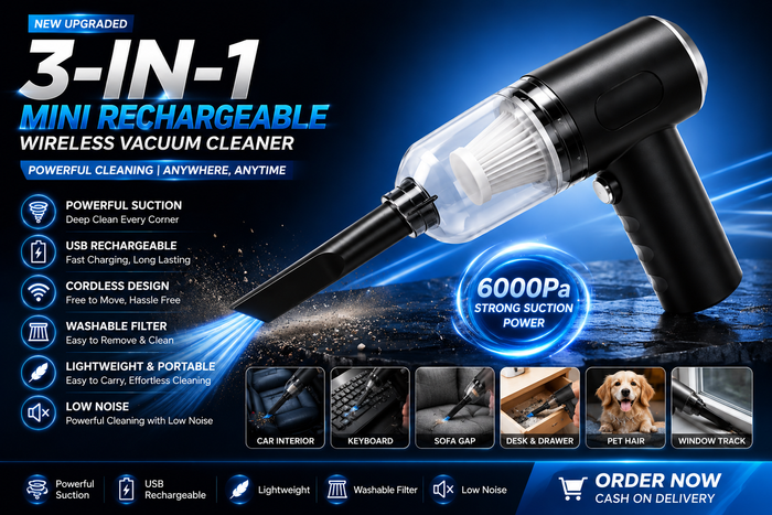 3-in-1 Portable Vacuum Cleaner, Duster & Air Blower | Wireless Handheld Cleaning for Car & Home