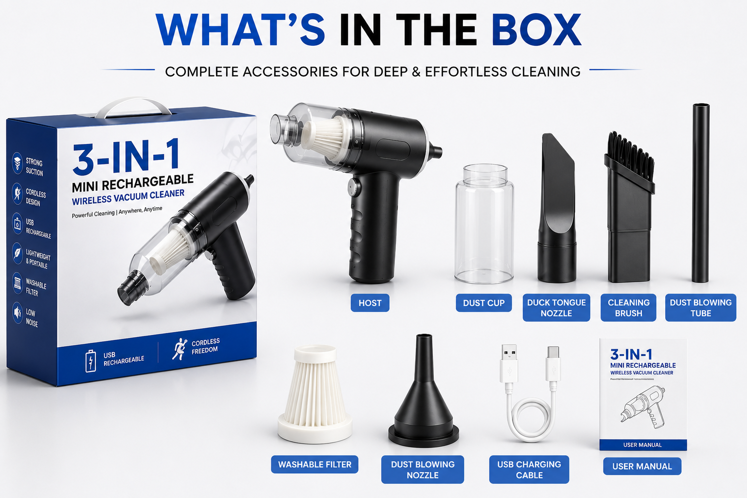 3-in-1 Portable Vacuum Cleaner, Duster & Air Blower | Wireless Handheld Cleaning for Car & Home