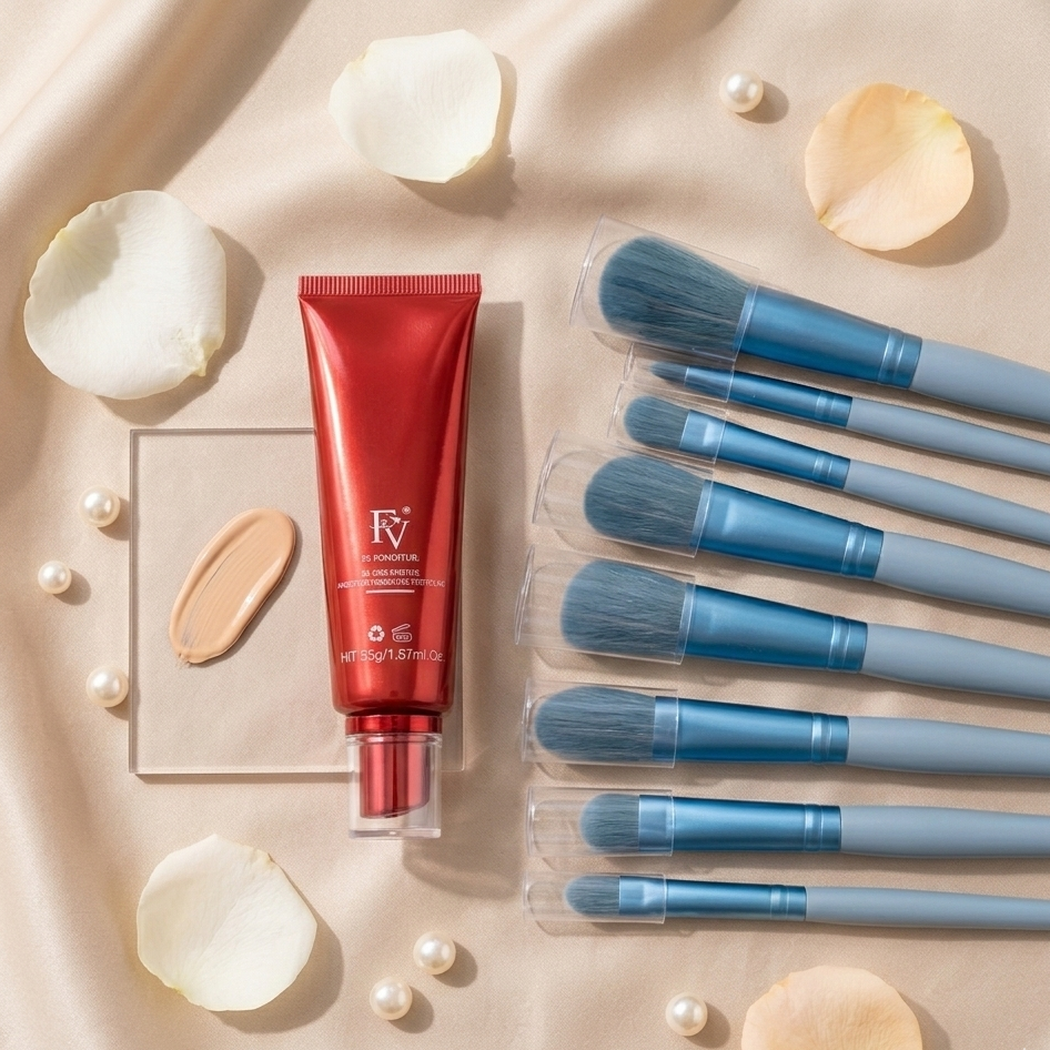 FV Foundation With 8 Pcs Makeup Brush Set – Full Coverage Face Makeup Kit For Women